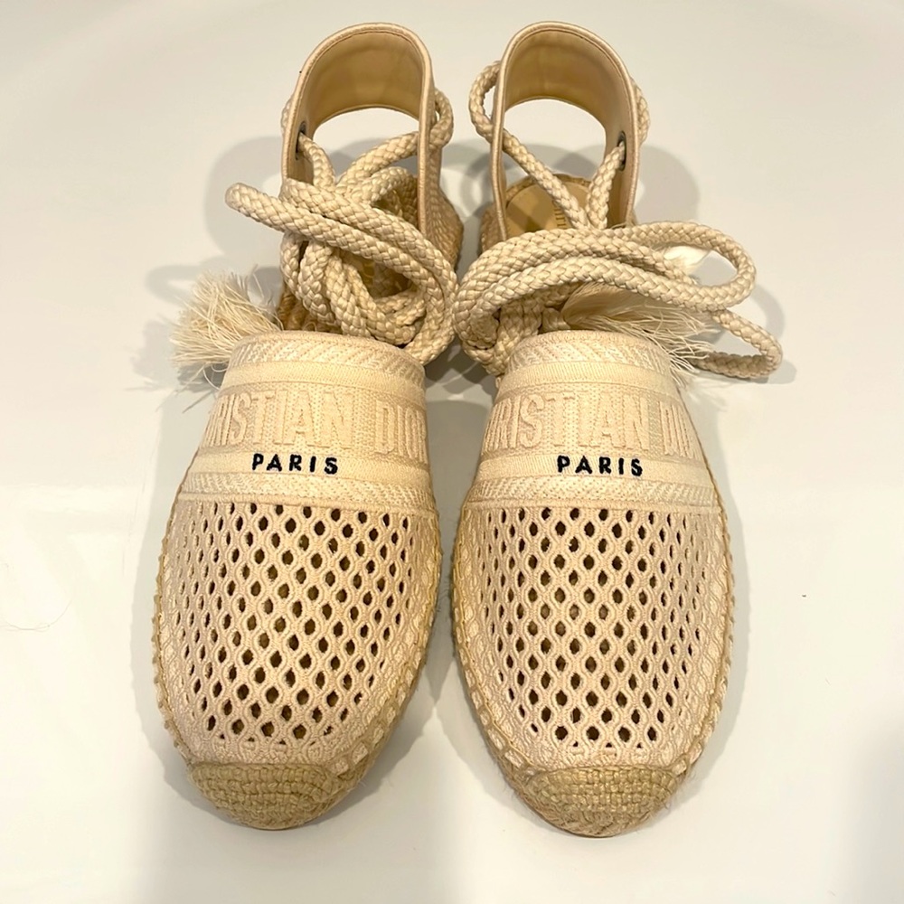 Christian Dior Canvas Embroidered Granville Ankle Tie Espadrilles Flats - Picture 4 of 7